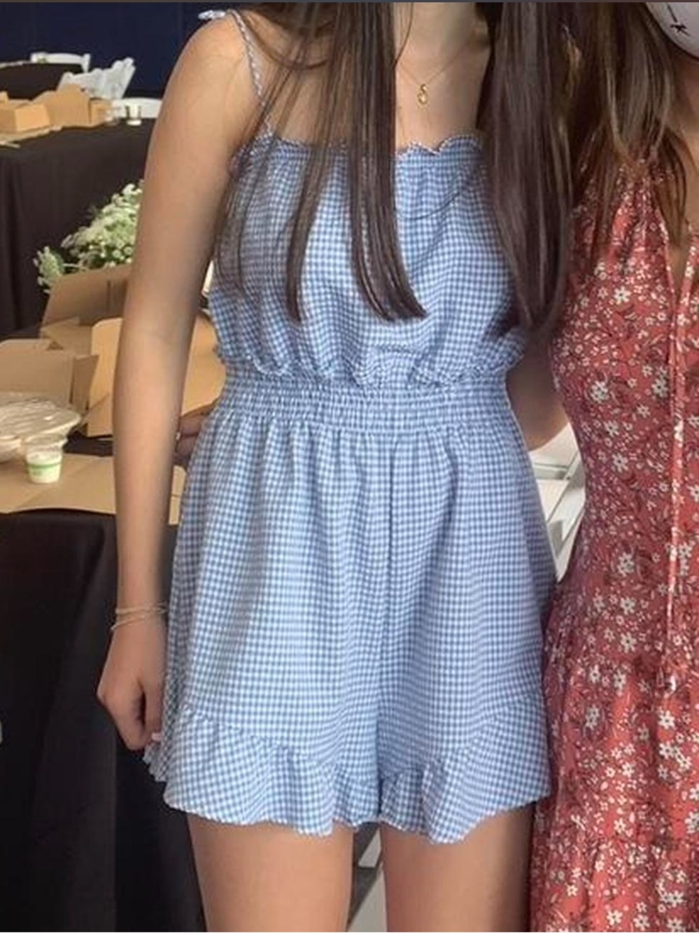 Zara Blue Gingham Smocked Waist Romper